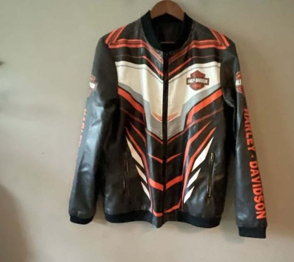 Harley-Davidson Black and Orange Faux  Leather Racing Bomber Jacket Size Large